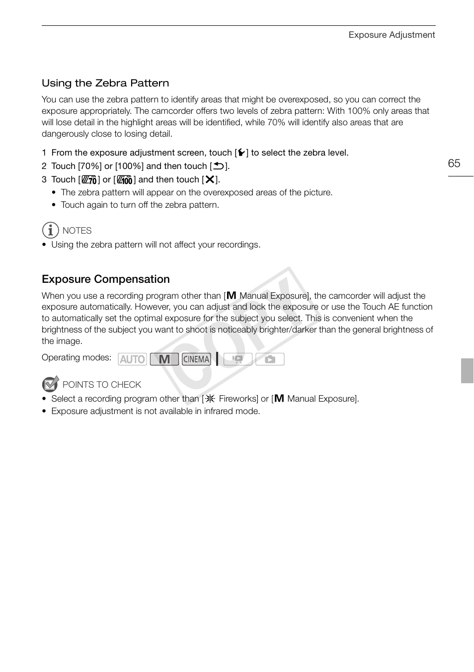 Exposure compensation 65, Cop y | Canon XA10 User Manual | Page 65 / 191