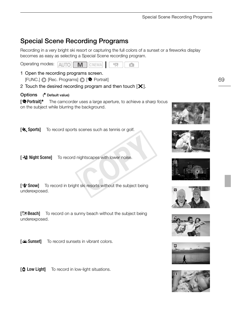 Special scene recording programs 69, Cop y, Special scene recording programs | Canon XA10 User Manual | Page 69 / 191