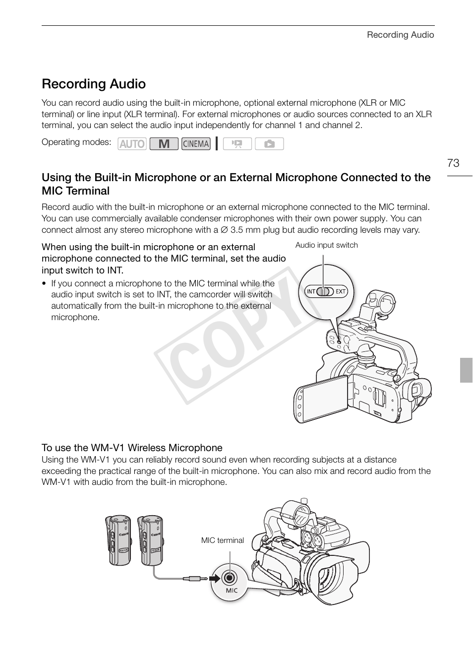 Recording audio 73, Using the built-in microphone or an, Cop y | Canon XA10 User Manual | Page 73 / 191