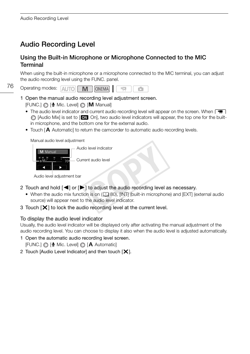 Audio recording level 76, Using the built-in microphone or, Microphone connected to the mic terminal 76 | C op y, Audio recording level | Canon XA10 User Manual | Page 76 / 191