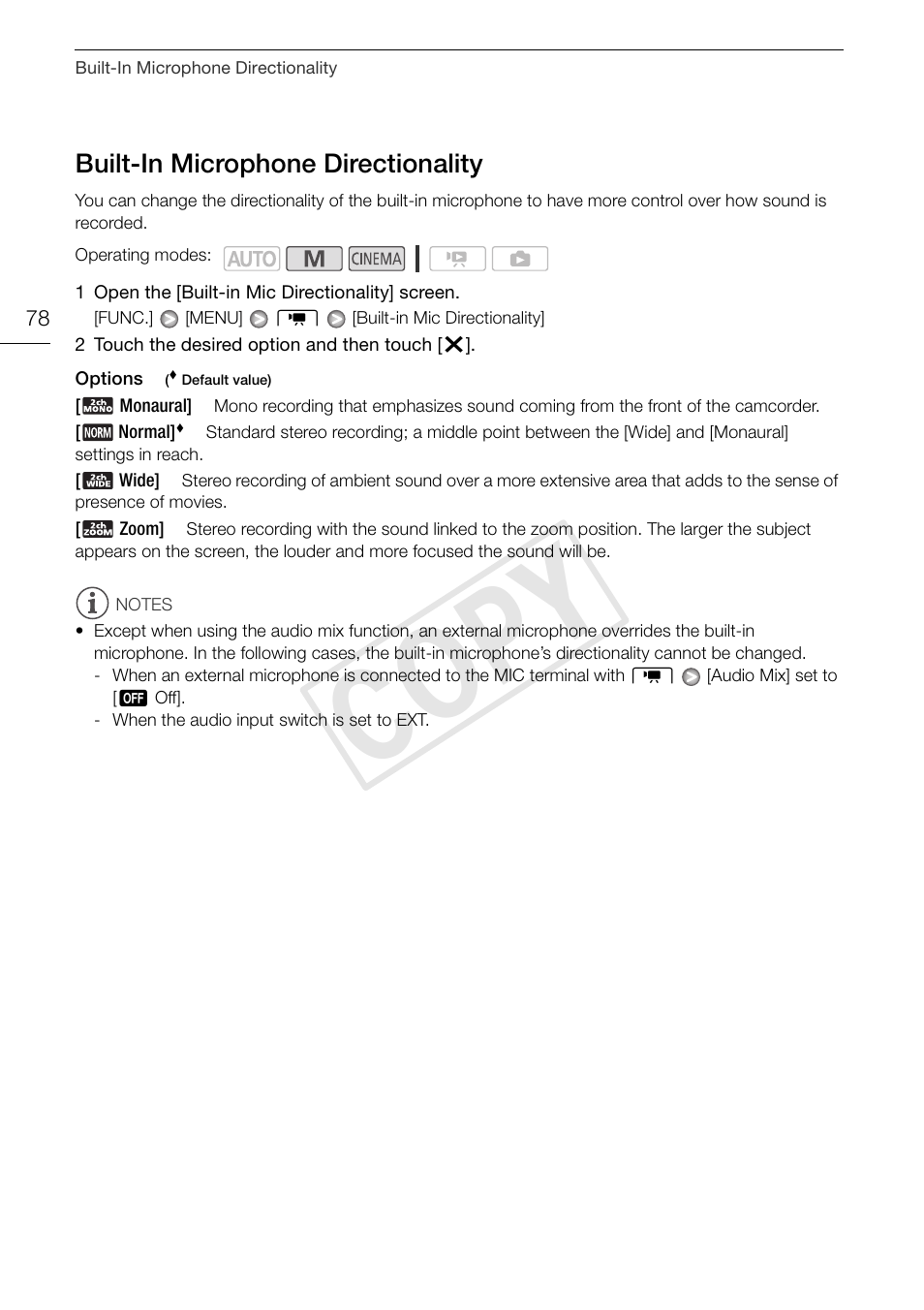 Built-in microphone directionality 78, Cop y, Built-in microphone directionality | Canon XA10 User Manual | Page 78 / 191