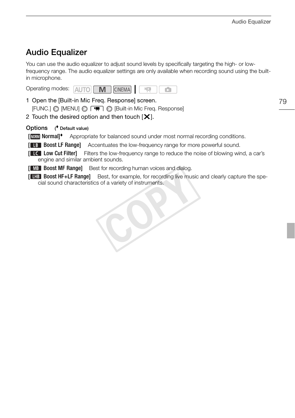 Audio equalizer 79, Cop y, Audio equalizer | Canon XA10 User Manual | Page 79 / 191