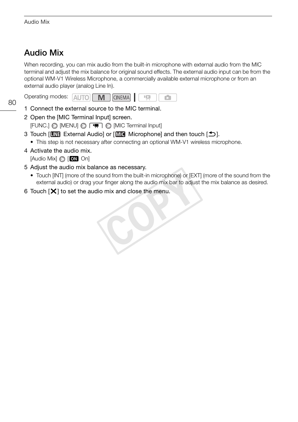 Audio mix 80, Cop y | Canon XA10 User Manual | Page 80 / 191