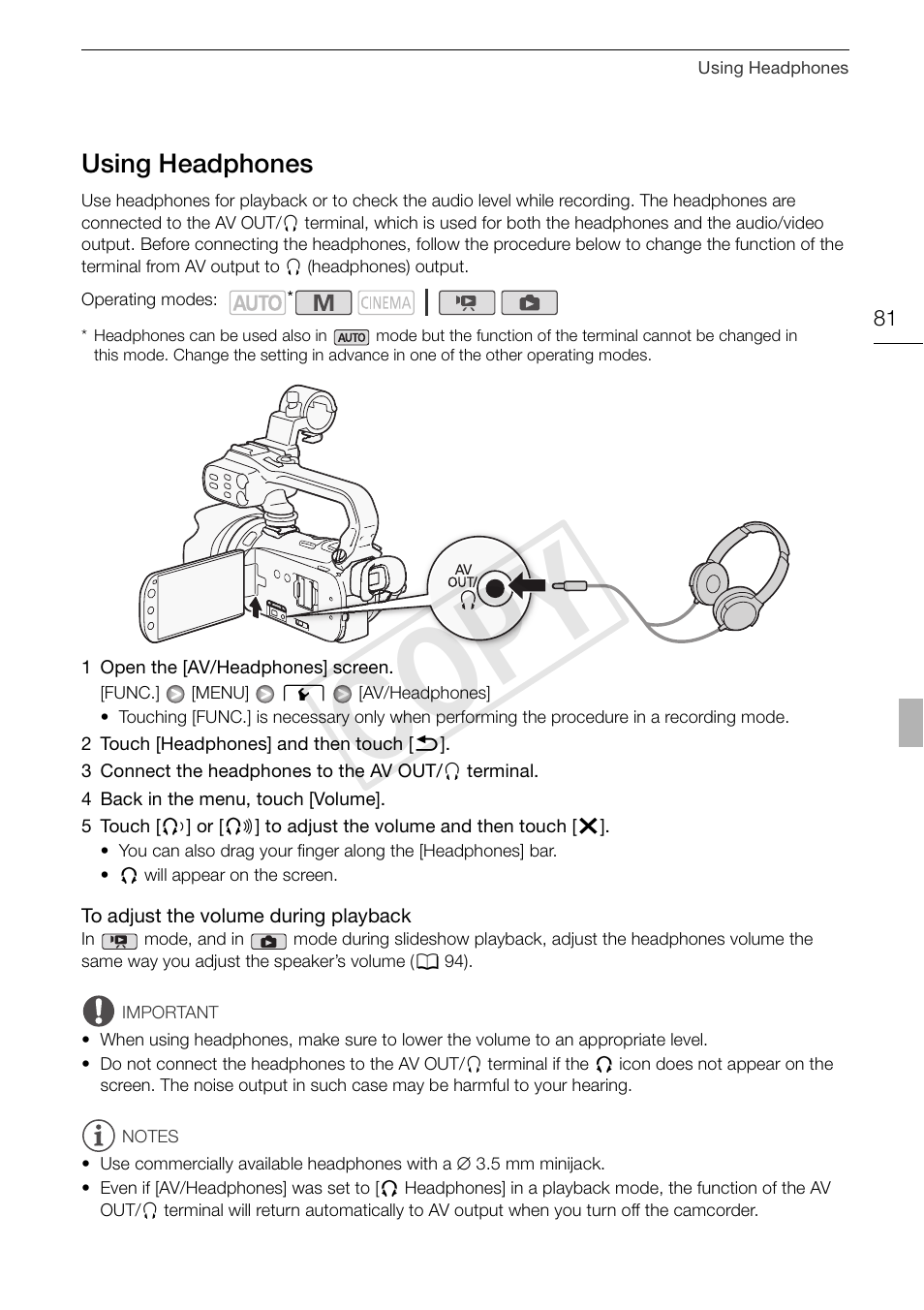 Using headphones 81, Cop y, Using headphones | Canon XA10 User Manual | Page 81 / 191