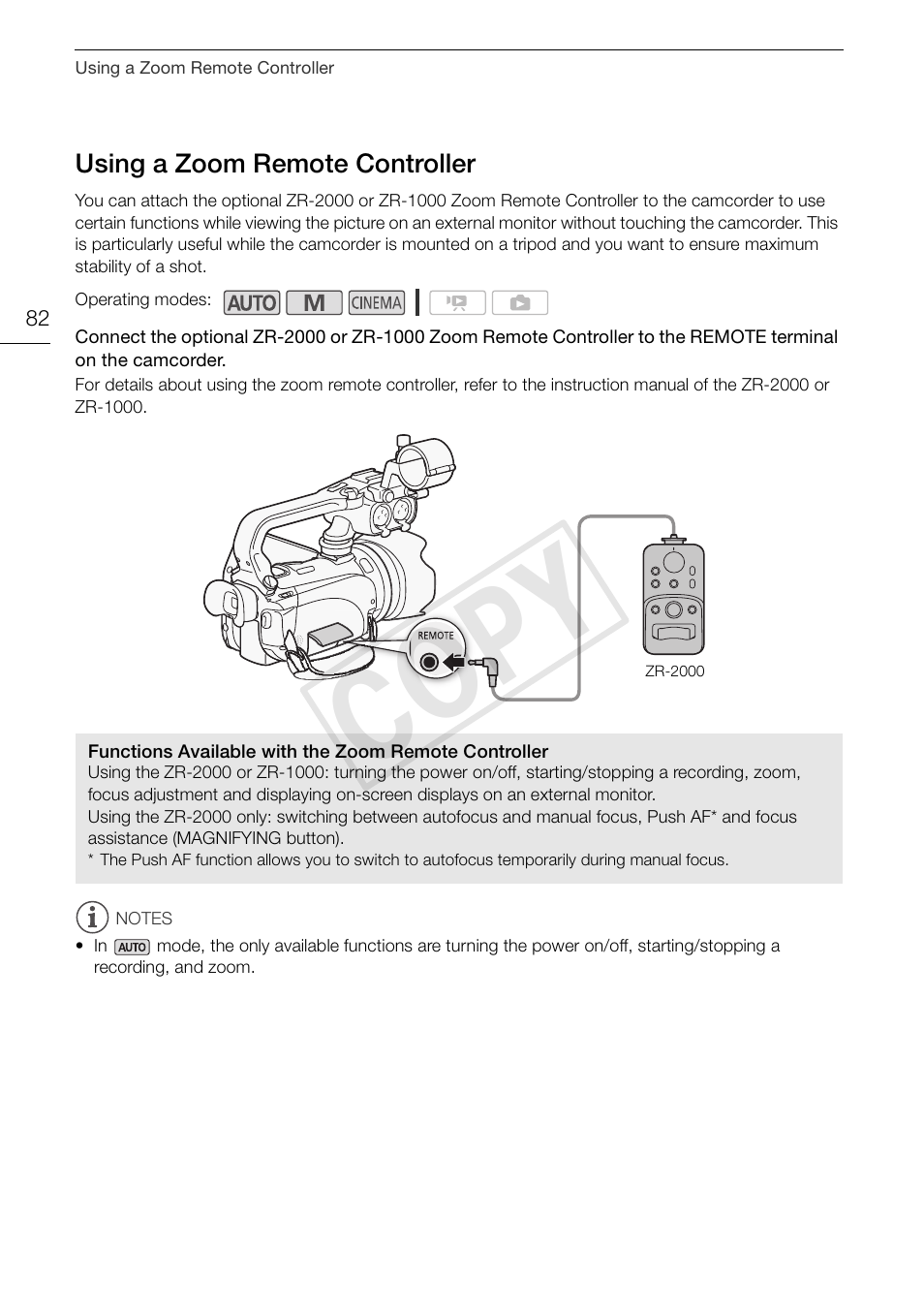 Using a zoom remote controller 82, Cop y | Canon XA10 User Manual | Page 82 / 191