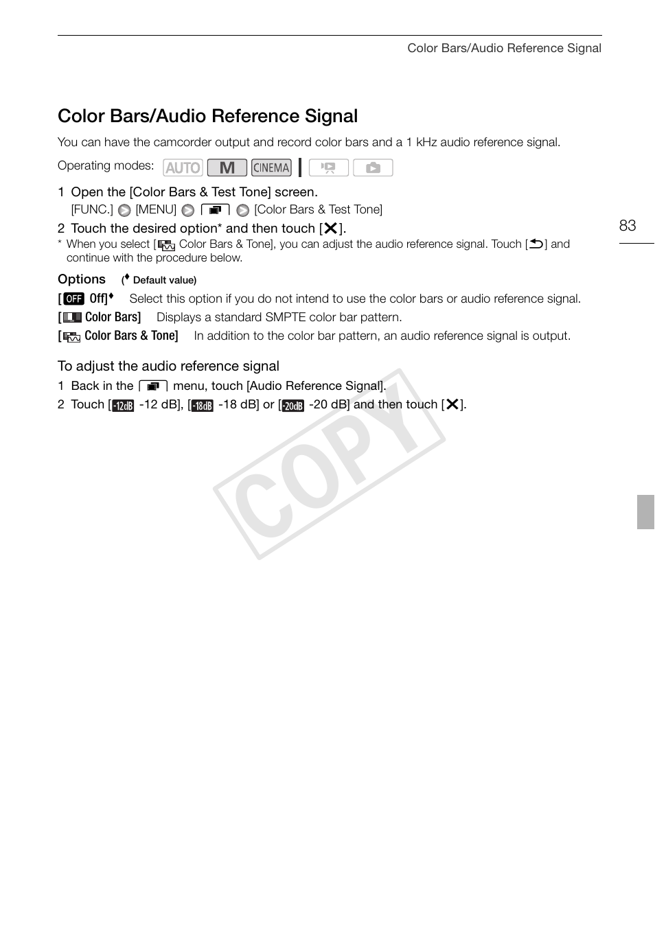 Color bars/audio reference signal 83, Cop y, Color bars/audio reference signal | Canon XA10 User Manual | Page 83 / 191