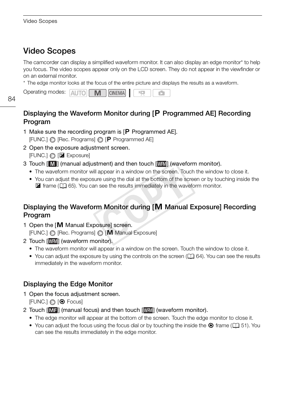 Video scopes 84, Displaying the waveform monitor during, Displaying the edge monitor 84 | Cop y, Video scopes | Canon XA10 User Manual | Page 84 / 191