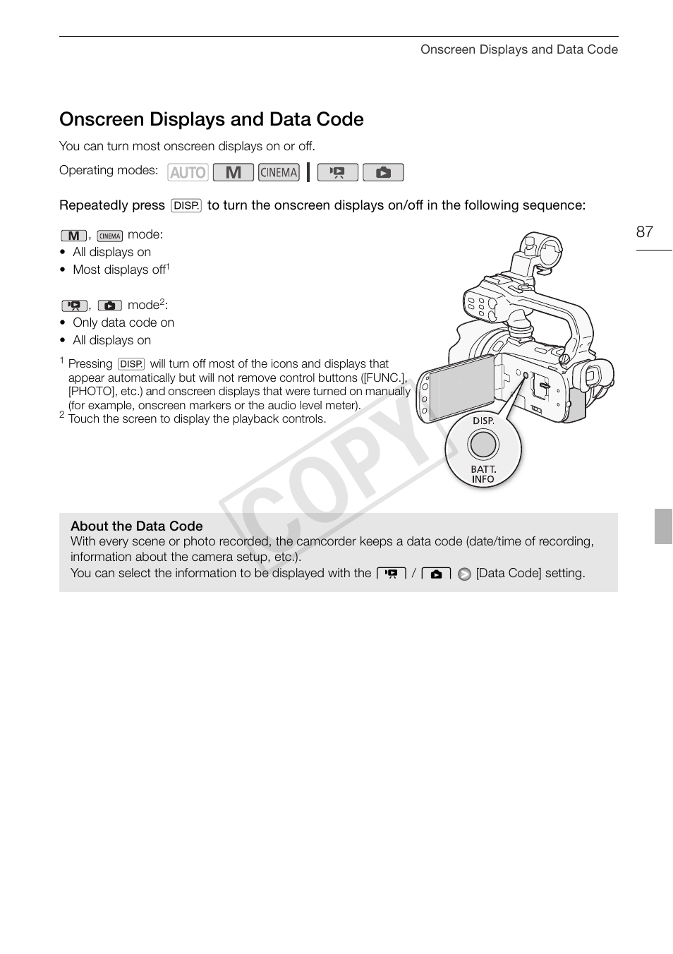 Onscreen displays and data code 87, 87)/ba, Cop y | Canon XA10 User Manual | Page 87 / 191