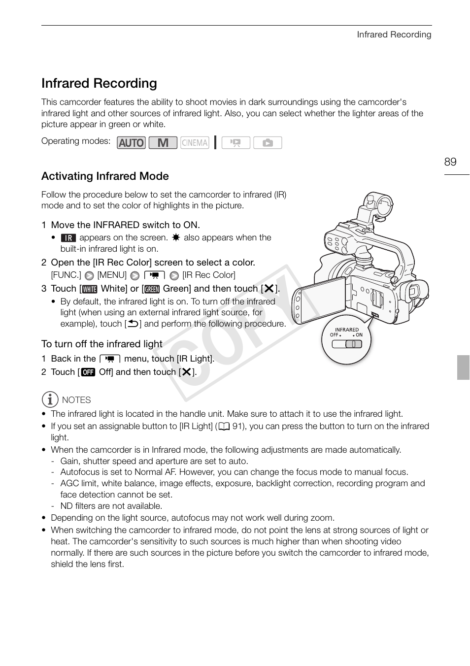 Infrared recording 89, Activating infrared mode 89, Cop y | Infrared recording | Canon XA10 User Manual | Page 89 / 191