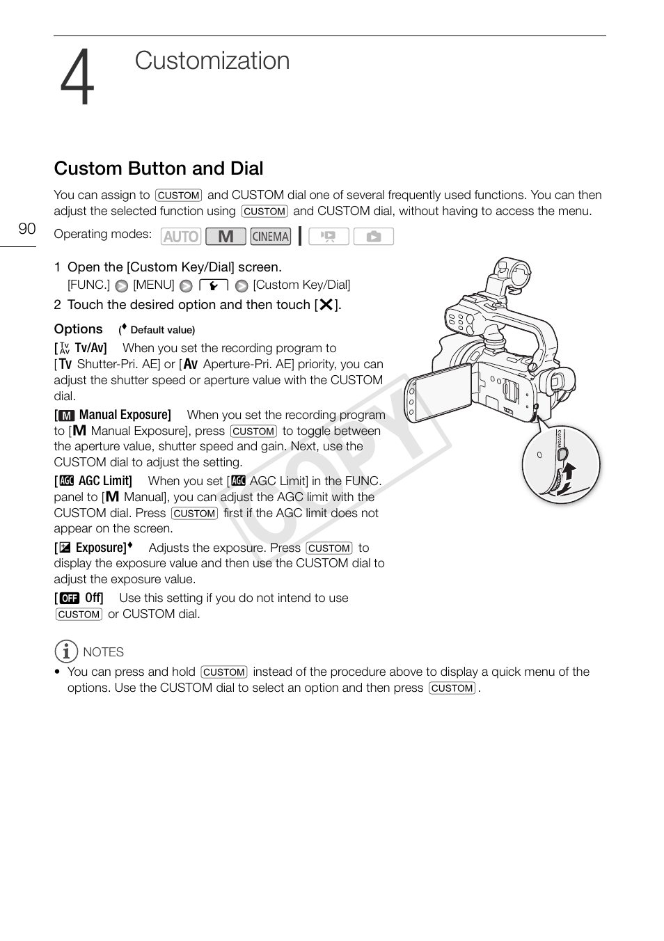 4 customization 90, Custom button and dial 90, Cop y | Customization, Custom button and dial | Canon XA10 User Manual | Page 90 / 191