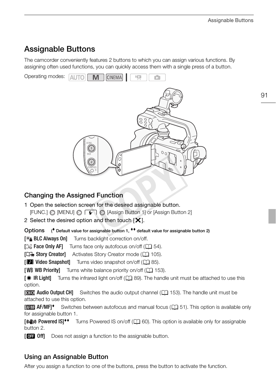 Assignable buttons 91, Cop y, Assignable buttons | Canon XA10 User Manual | Page 91 / 191