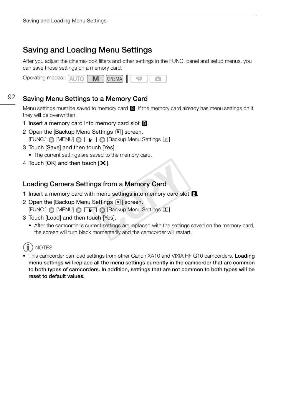 Saving and loading menu settings 92, Saving menu settings to a memory, Card 92 | Loading camera settings from a memory, Cop y | Canon XA10 User Manual | Page 92 / 191