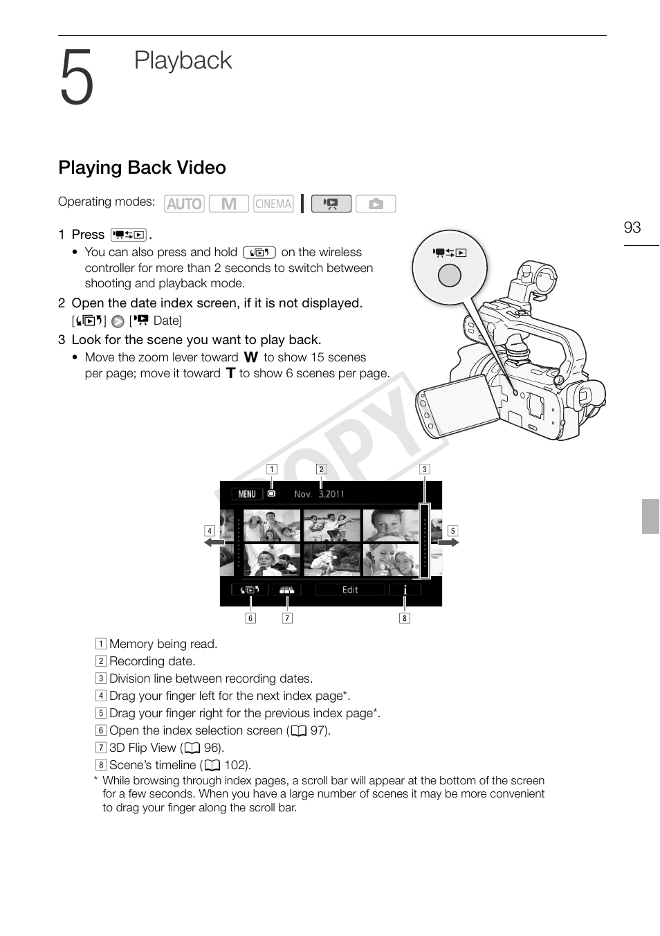 5 playback 93, Playing back video 93, Cop y | Playback | Canon XA10 User Manual | Page 93 / 191