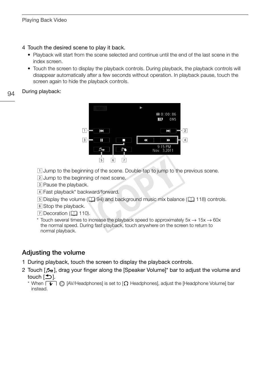 Adjusting the volume 94, Cop y | Canon XA10 User Manual | Page 94 / 191