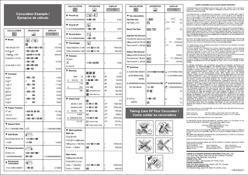 Fuente de alimentacion, Conmutador de redondeo, Función de gran total | Cálculo de impuestos (tax), Índice de teclas, Interruptor selector de punto decimal, Funcion de rebose, Especificaciones, Español | Canon WS-1410TG User Manual | Page 2 / 4