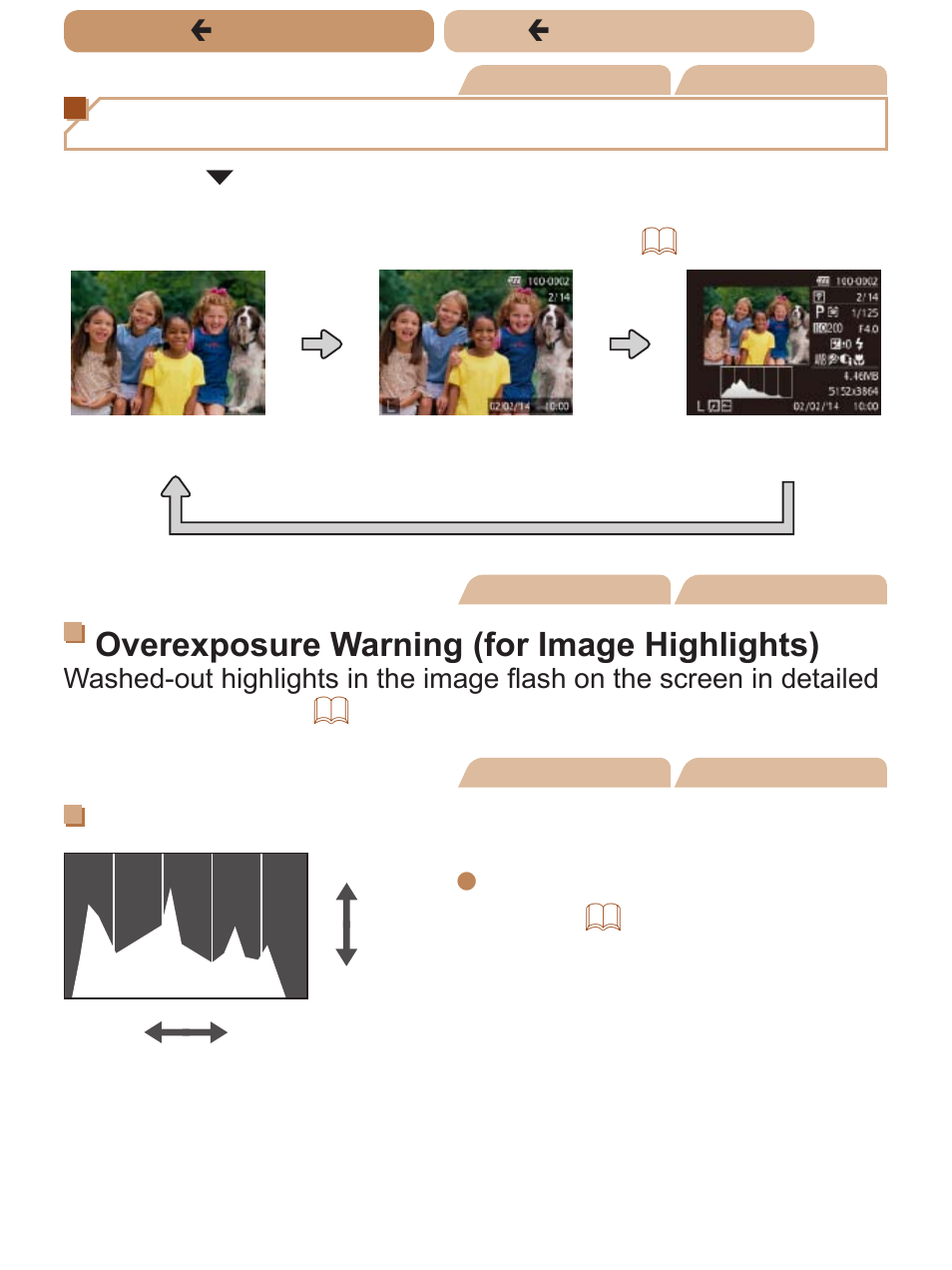 Switching display modes, Overexposure warning (for image highlights), Histogram | Canon PowerShot ELPH 140 IS User Manual | Page 113 / 222