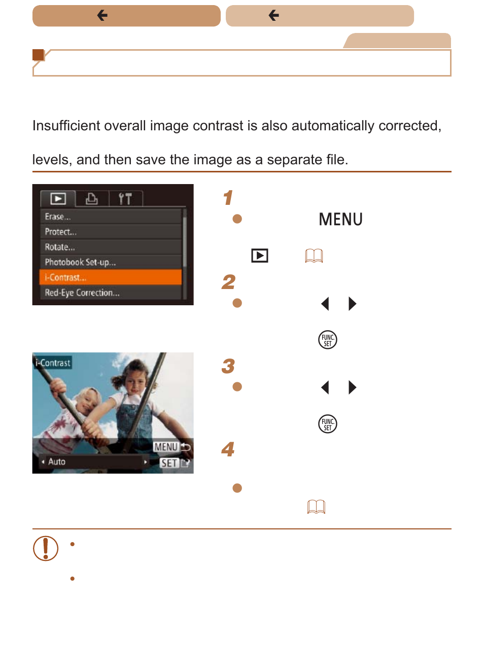 Ou can also correct existing images, Correcting image brightness (i-contrast) | Canon PowerShot ELPH 140 IS User Manual | Page 130 / 222