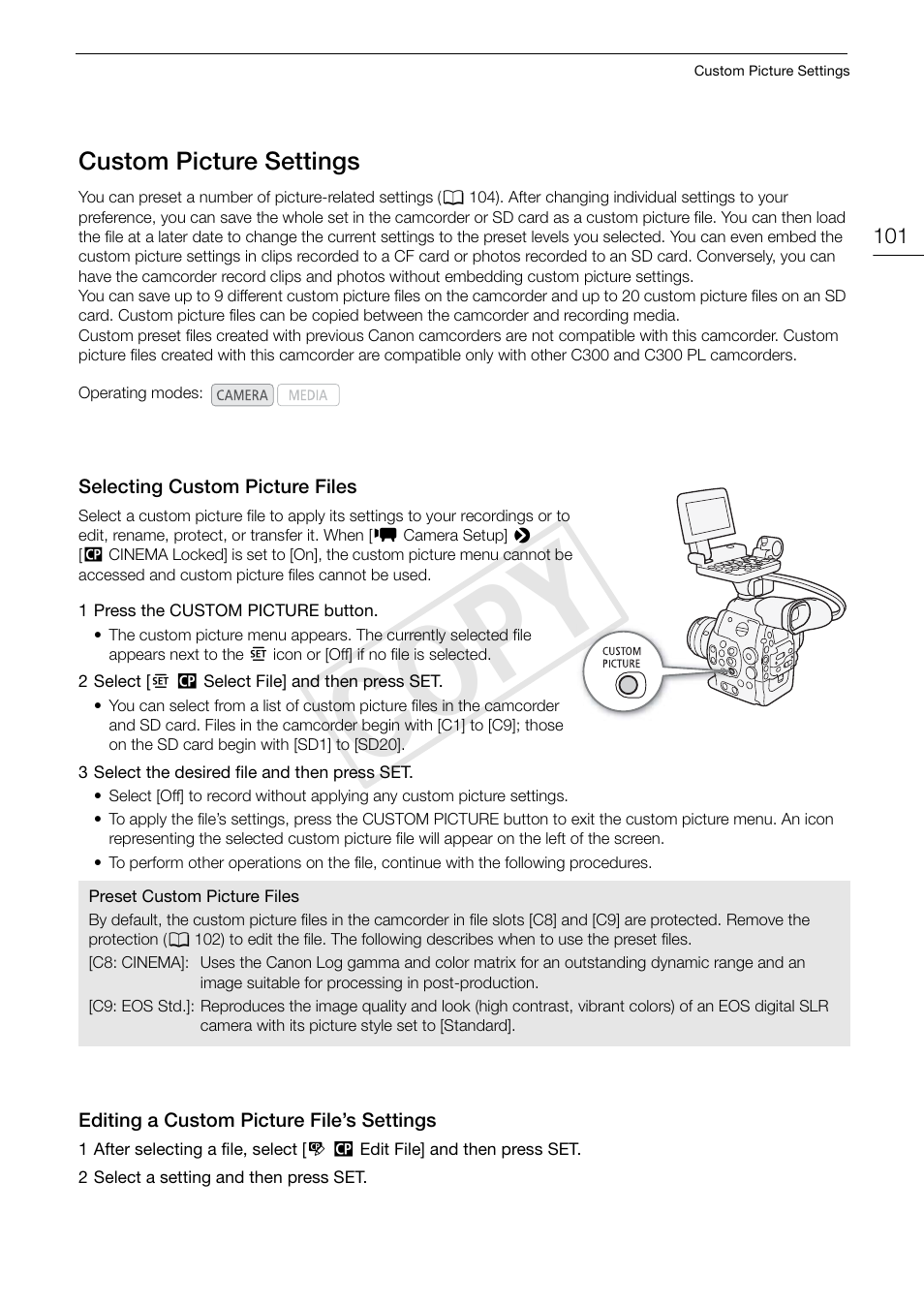 Custom picture settings 101, 101) an, Cop y | Canon EOS C300 PL User Manual | Page 101 / 186