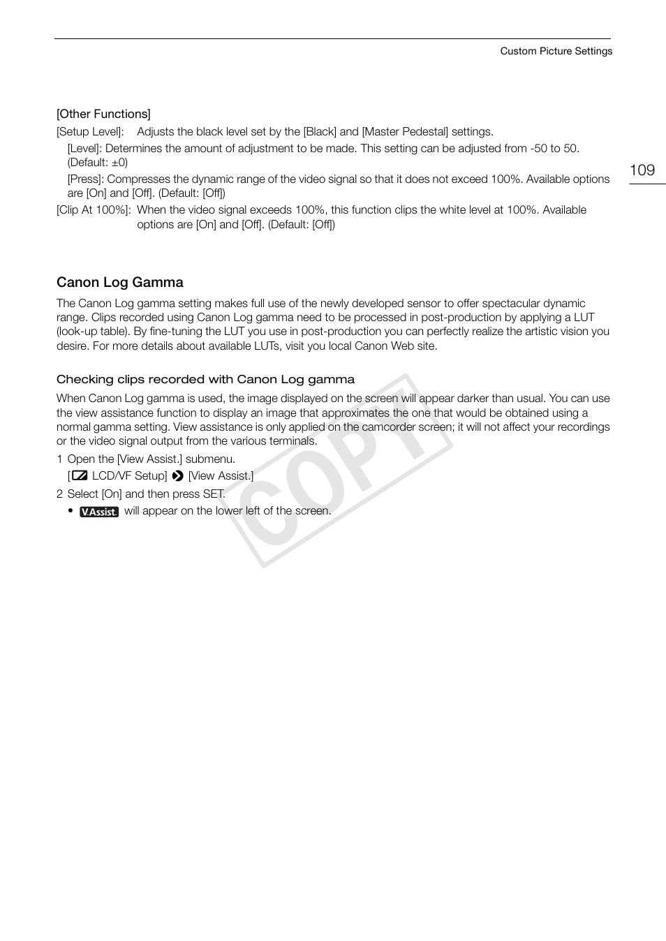 Canon log gamma 109, 109) that m, 109) to | Cop y | Canon EOS C300 PL User Manual | Page 109 / 186