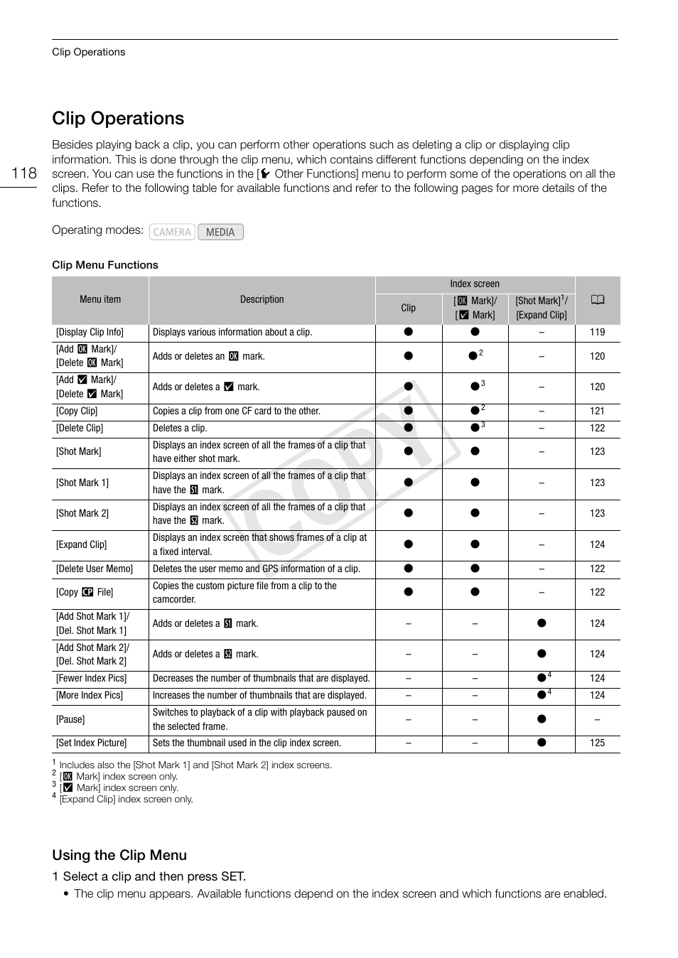 Clip operations 118, Using the clip menu 118, Cop y | Clip operations, Using the clip menu | Canon EOS C300 PL User Manual | Page 118 / 186