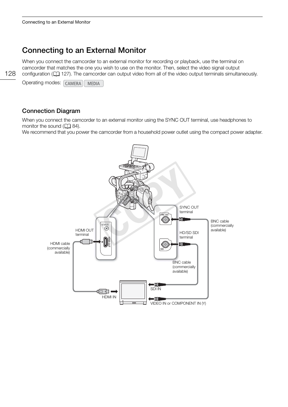 Connecting to an external monitor 128, Connection diagram 128, Cop y | Canon EOS C300 PL User Manual | Page 128 / 186