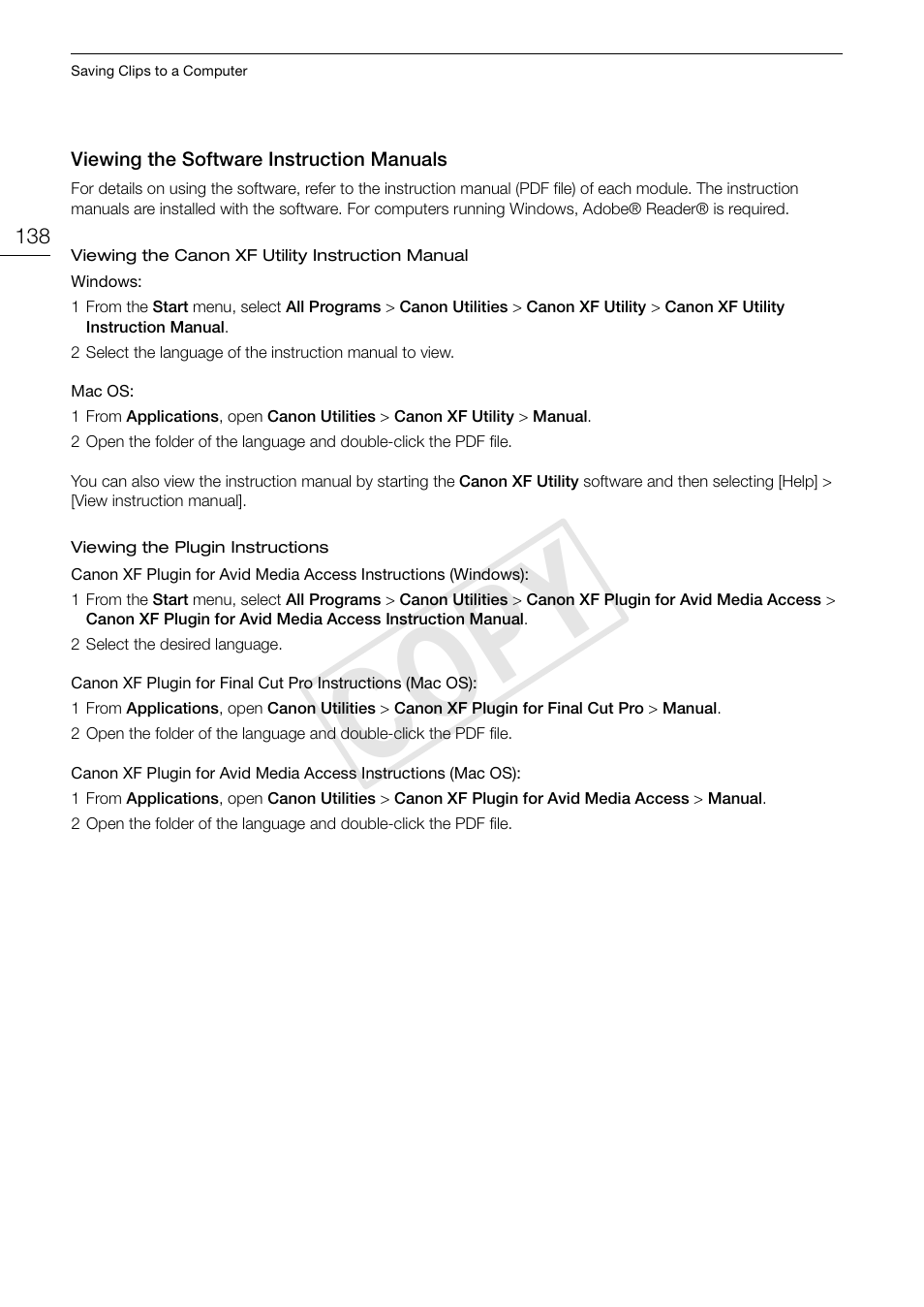 Viewing the software instruction manuals 138, Cop y | Canon EOS C300 PL User Manual | Page 138 / 186