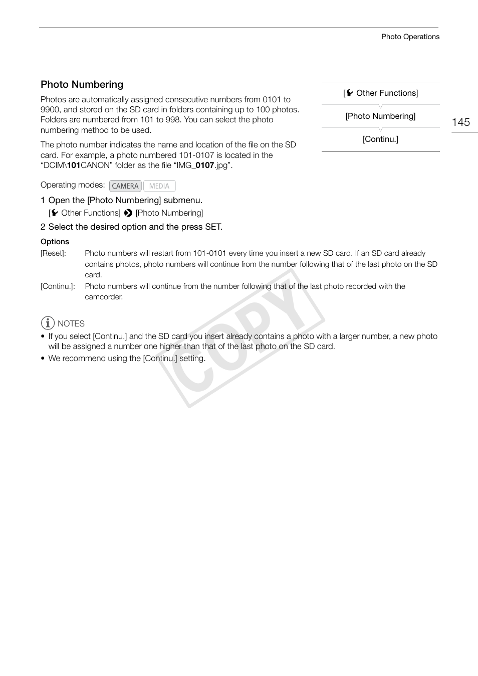 Photo numbering 145, Cop y | Canon EOS C300 PL User Manual | Page 145 / 186