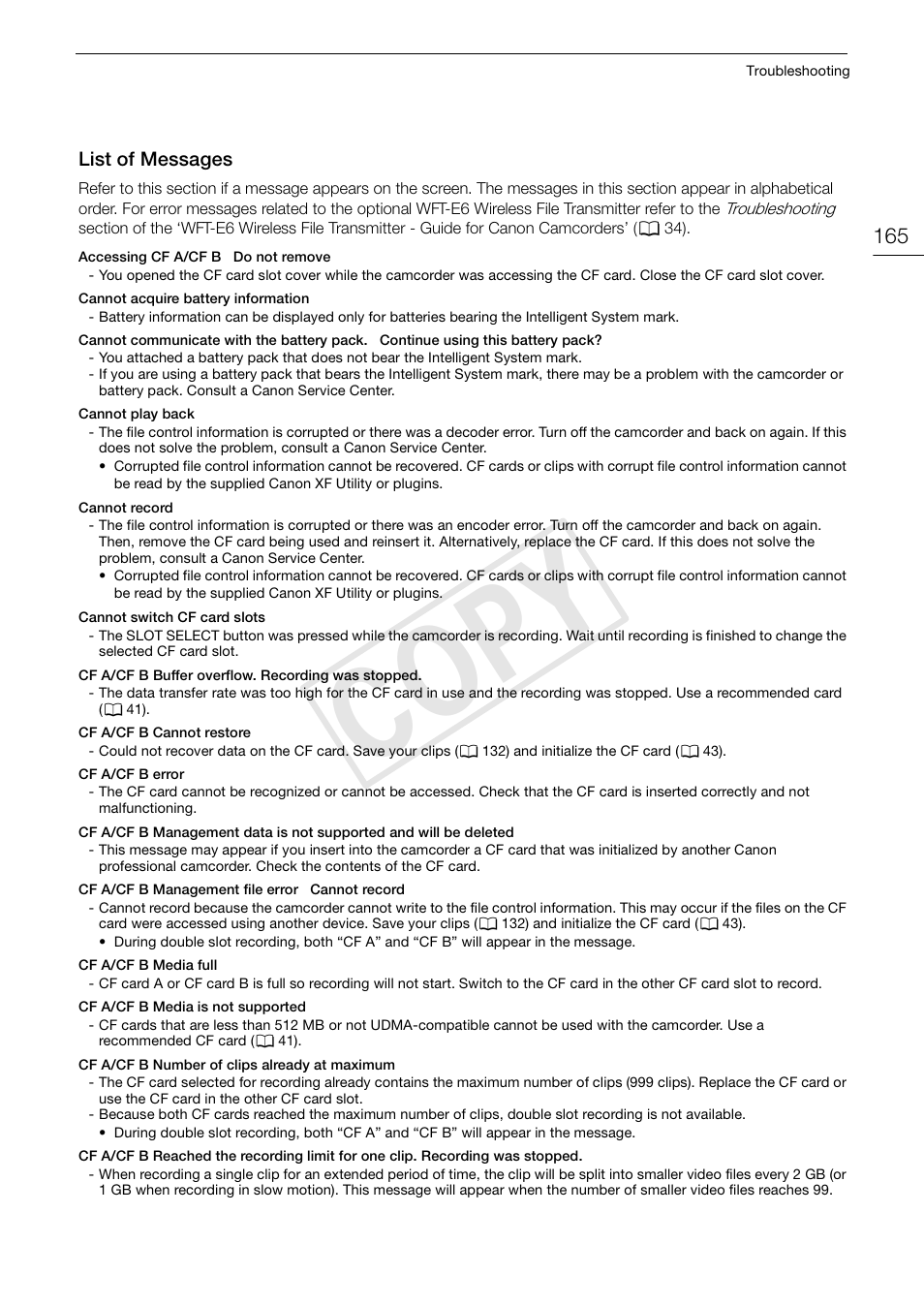 List of messages 165, Cop y | Canon EOS C300 PL User Manual | Page 165 / 186