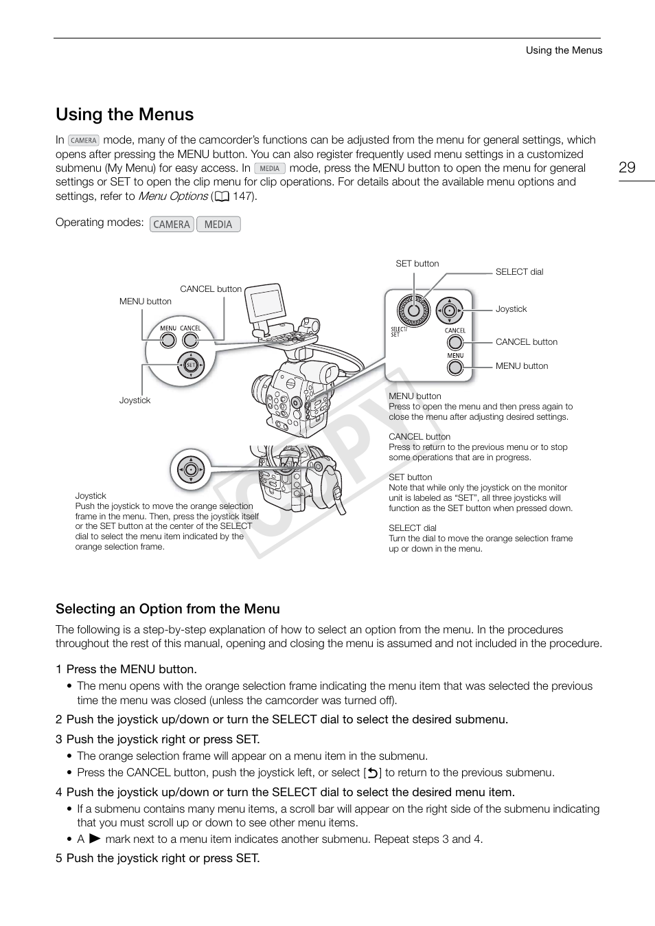 Using the menus 29, Selecting an option from the menu 29, 29)/s | Cop y, Using the menus | Canon EOS C300 PL User Manual | Page 29 / 186