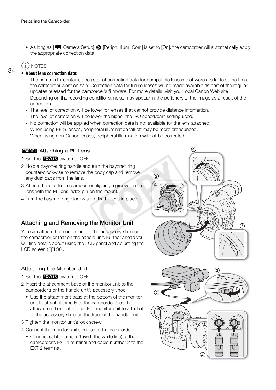 Attaching and removing the monitor unit 34, Cop y | Canon EOS C300 PL User Manual | Page 34 / 186