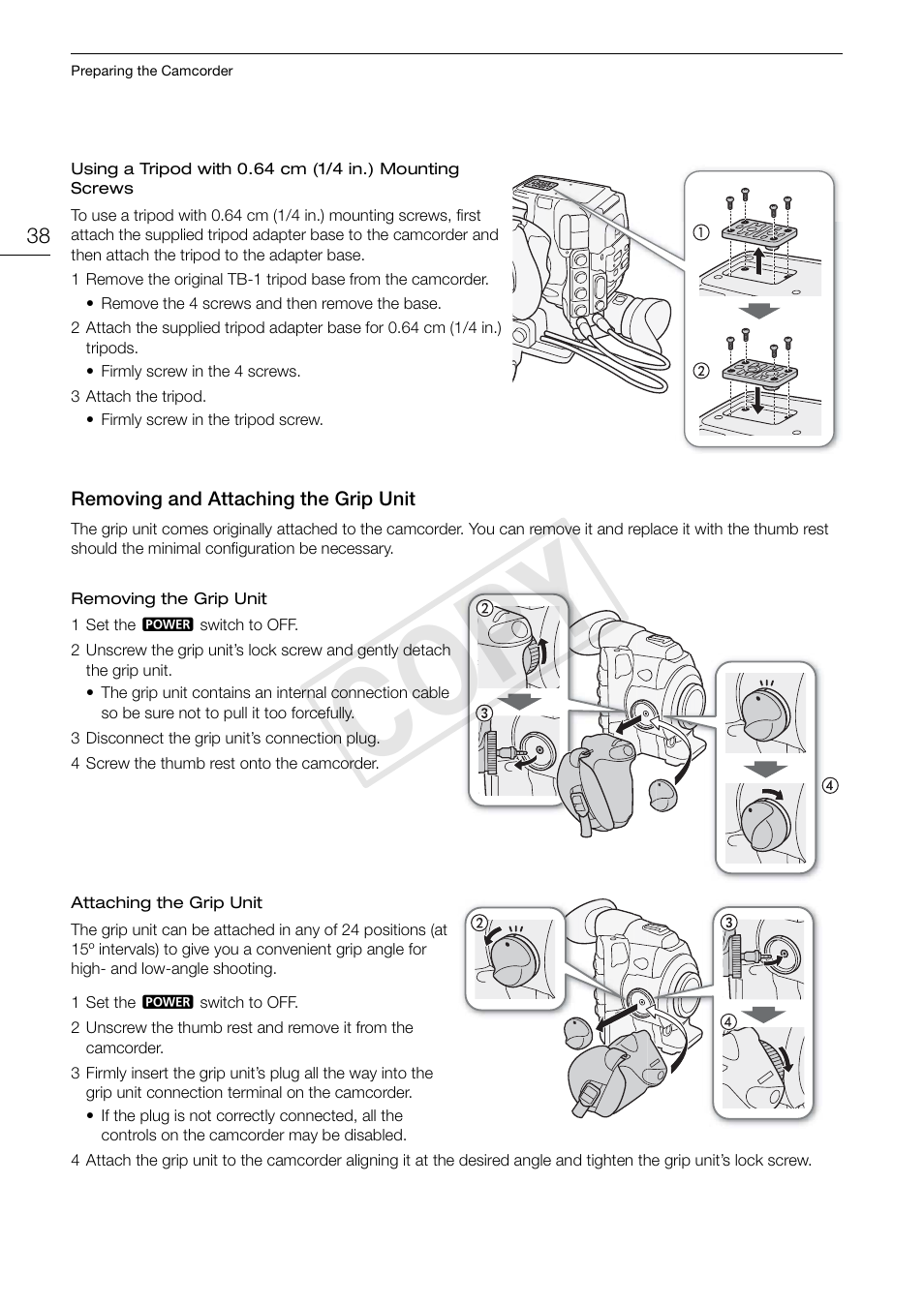 Removing and attaching the grip unit 38, Cop y | Canon EOS C300 PL User Manual | Page 38 / 186