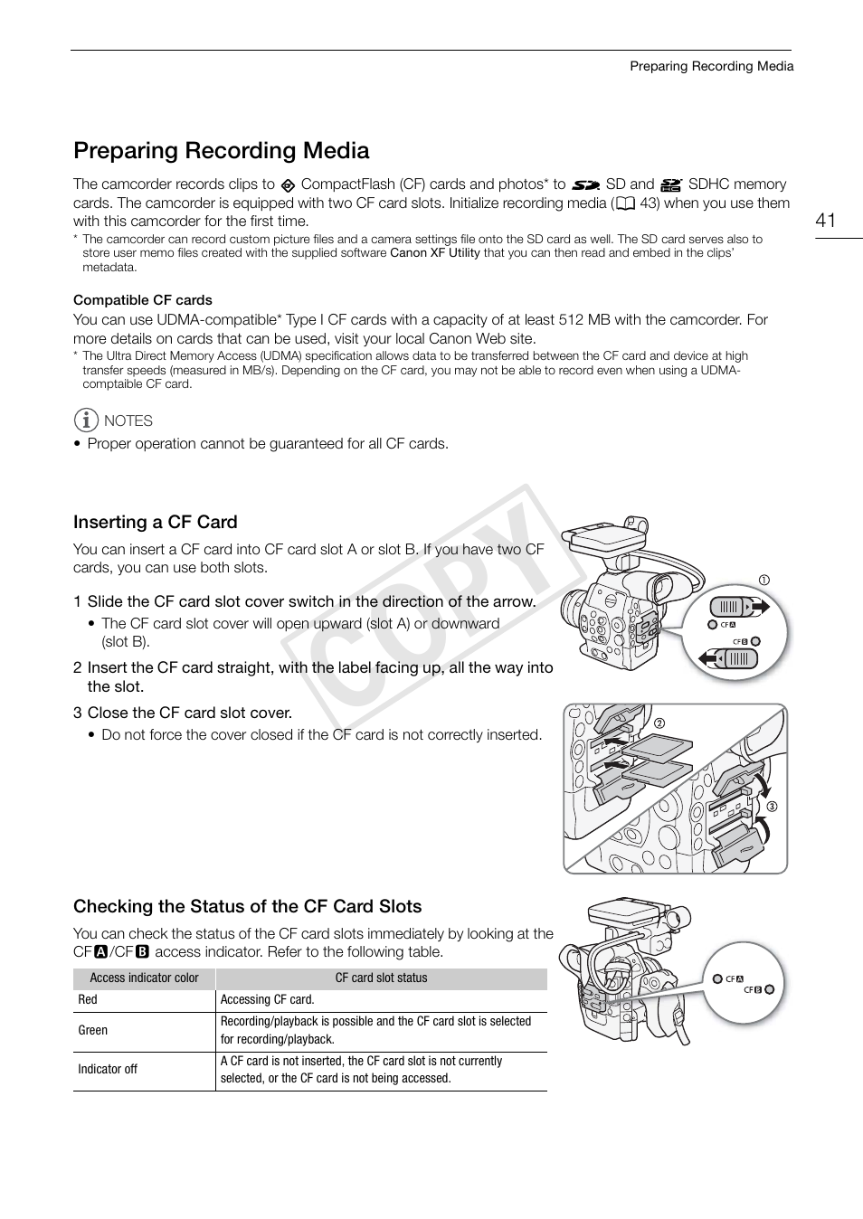 Preparing recording media 41, Cop y, Preparing recording media | Canon EOS C300 PL User Manual | Page 41 / 186