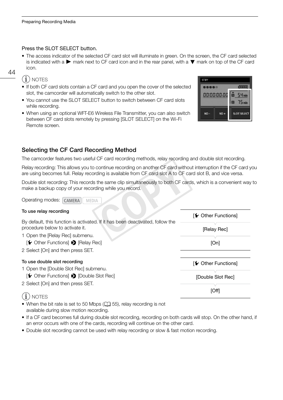 44) let, Selecting the cf card recording method 44, Cop y | Canon EOS C300 PL User Manual | Page 44 / 186