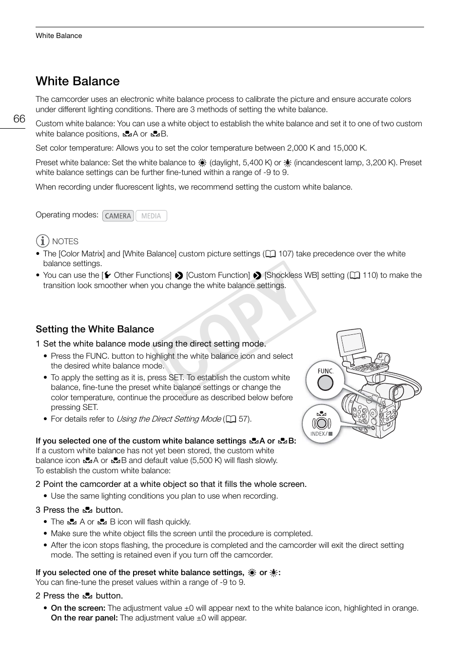 White balance 66, Setting the white balance 66, Cop y | Canon EOS C300 PL User Manual | Page 66 / 186