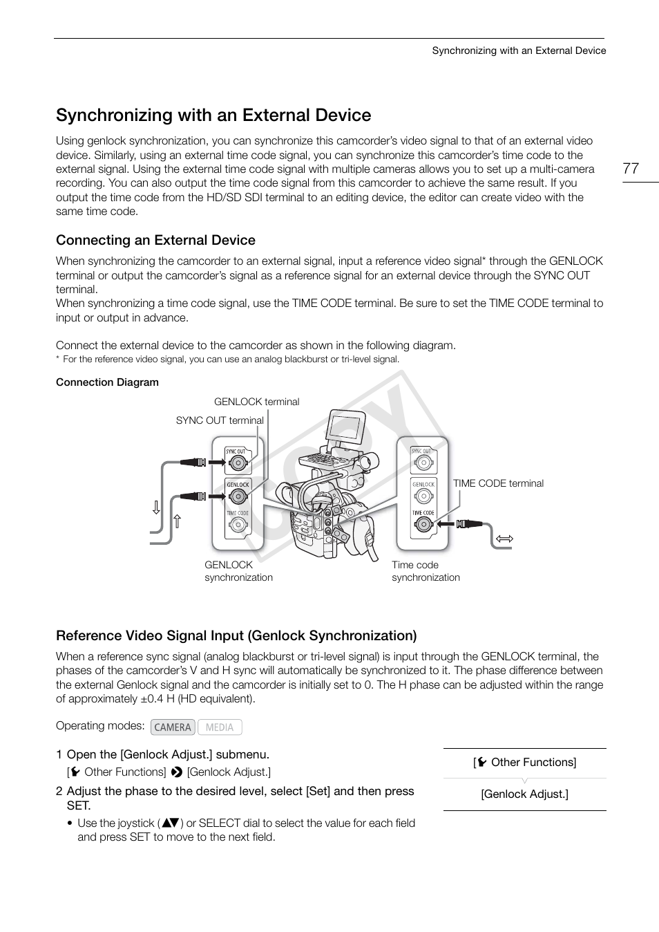 Synchronizing with an external device 77, Synchronization) 77, Cop y | Canon EOS C300 PL User Manual | Page 77 / 186