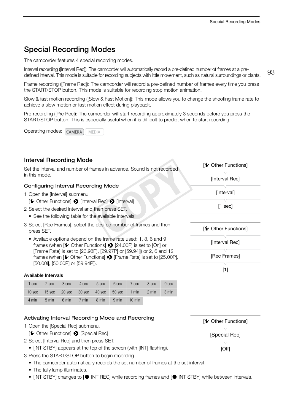 93) giv, Special recording modes 93, Interval recording mode 93 | Cop y, Special recording modes | Canon EOS C300 PL User Manual | Page 93 / 186