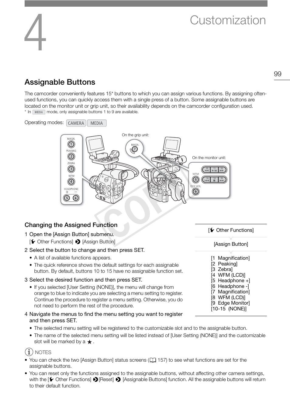 99) so that yo, Customization 99, Assignable buttons 99 | Changing the assigned function 99, 99), yo, Cop y, Customization | Canon EOS C300 PL User Manual | Page 99 / 186