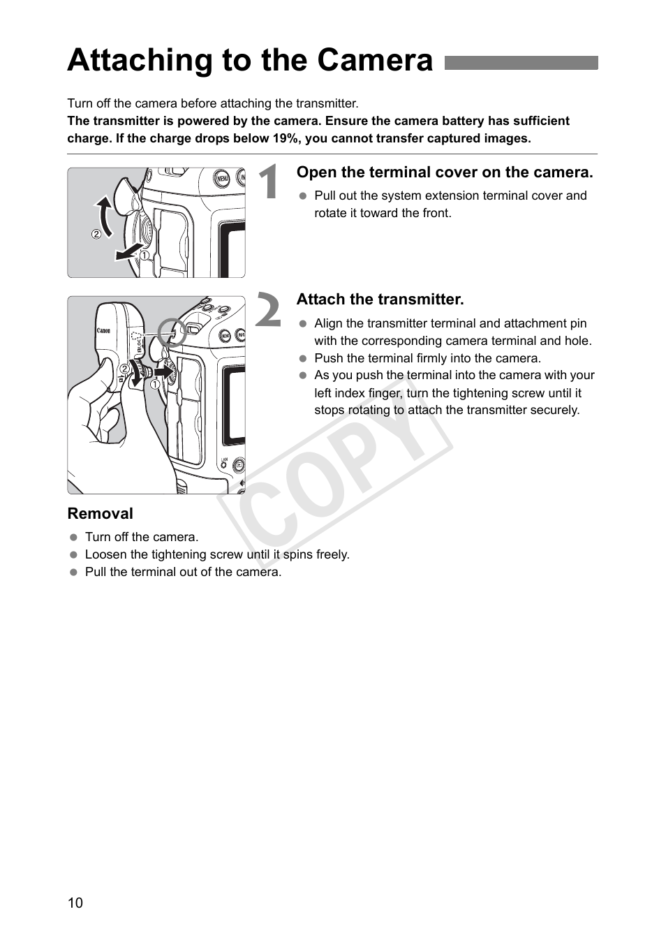Attaching to the camera, Cop y | Canon Wireless Transmitter WFT-E6A User Manual | Page 10 / 126