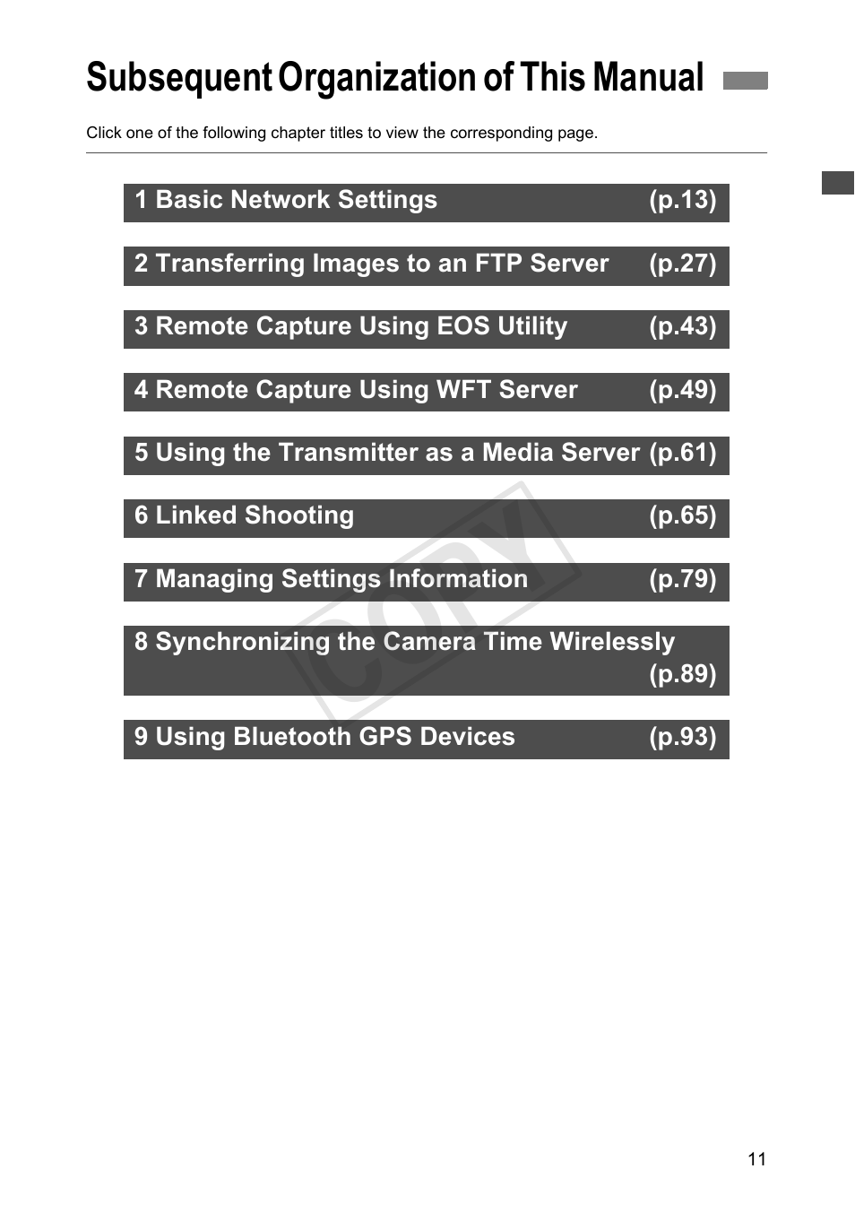 Subsequent organization of this manual, Cop y | Canon Wireless Transmitter WFT-E6A User Manual | Page 11 / 126