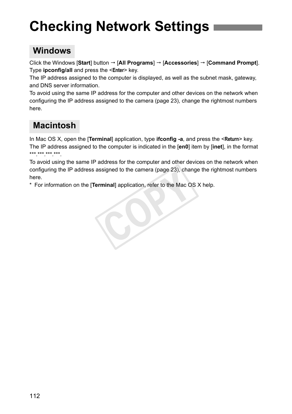 Checking network settings, Windows, Macintosh | Cop y | Canon Wireless Transmitter WFT-E6A User Manual | Page 112 / 126