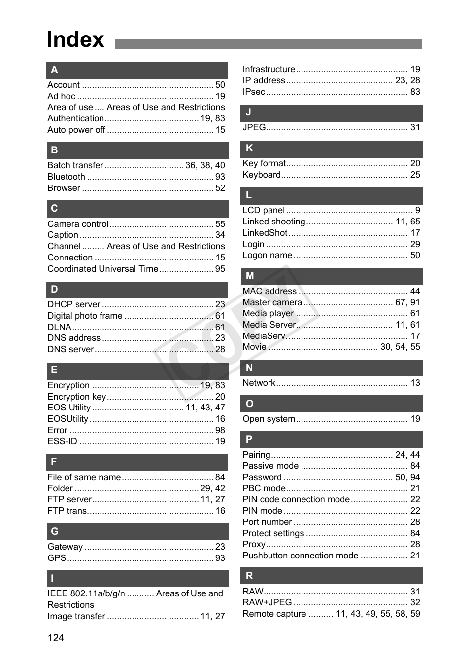 Index, C op y | Canon Wireless Transmitter WFT-E6A User Manual | Page 124 / 126