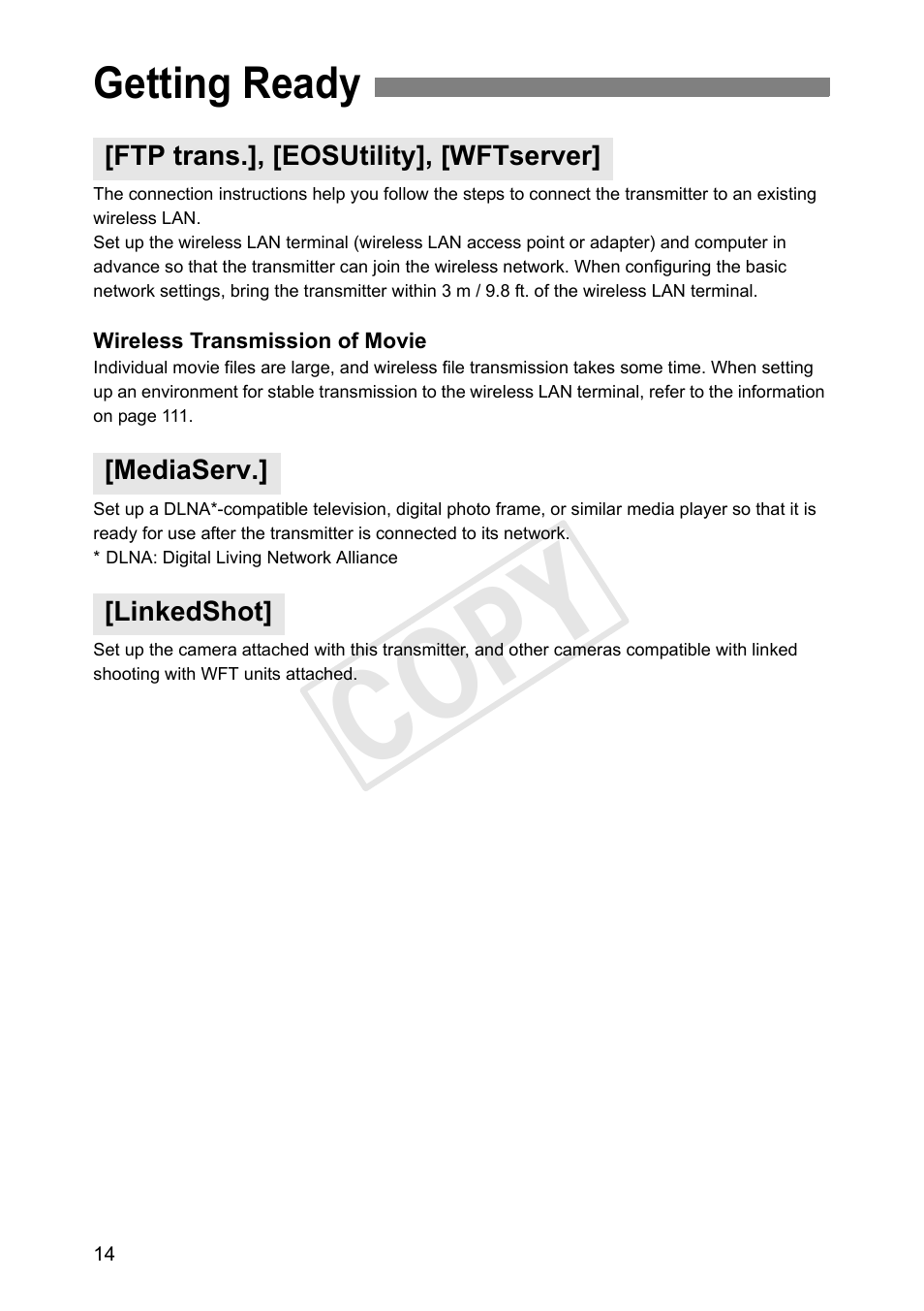 Getting ready, Ftp trans.], [eosutility], [wftserver, Mediaserv | Linkedshot, Cop y | Canon Wireless Transmitter WFT-E6A User Manual | Page 14 / 126