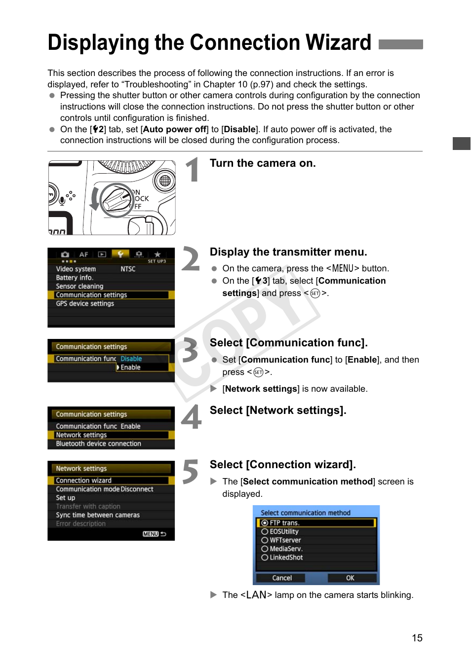 Displaying the connection wizard, Cop y | Canon Wireless Transmitter WFT-E6A User Manual | Page 15 / 126
