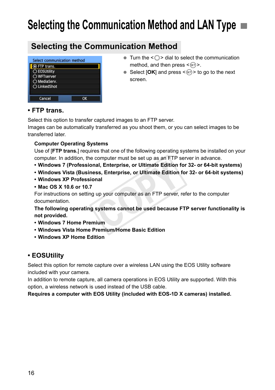 Selecting the communication method and lan type, Selecting the communication method, Cop y | Canon Wireless Transmitter WFT-E6A User Manual | Page 16 / 126