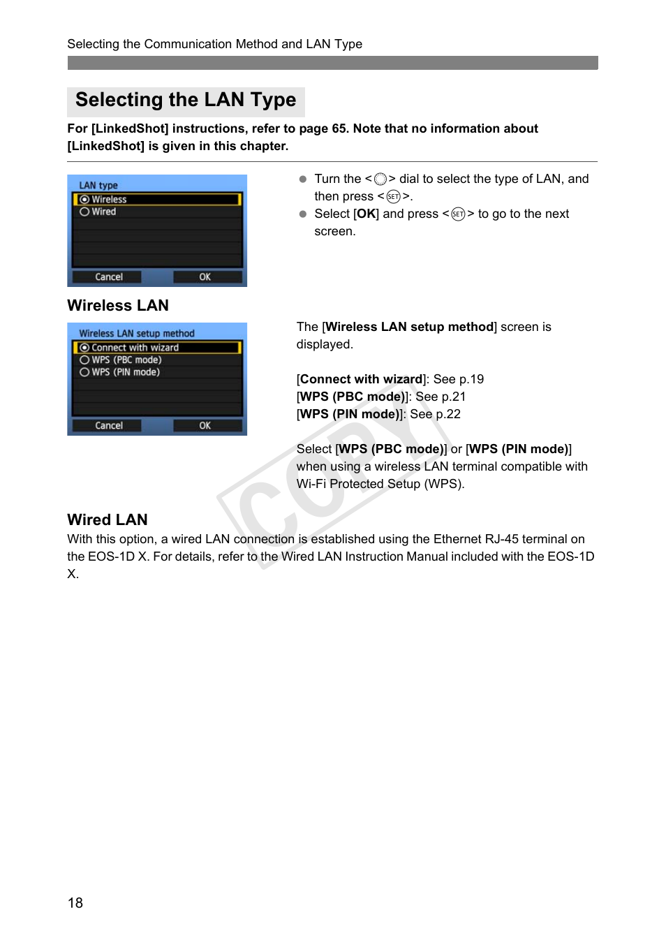 Selecting the lan type, Cop y | Canon Wireless Transmitter WFT-E6A User Manual | Page 18 / 126