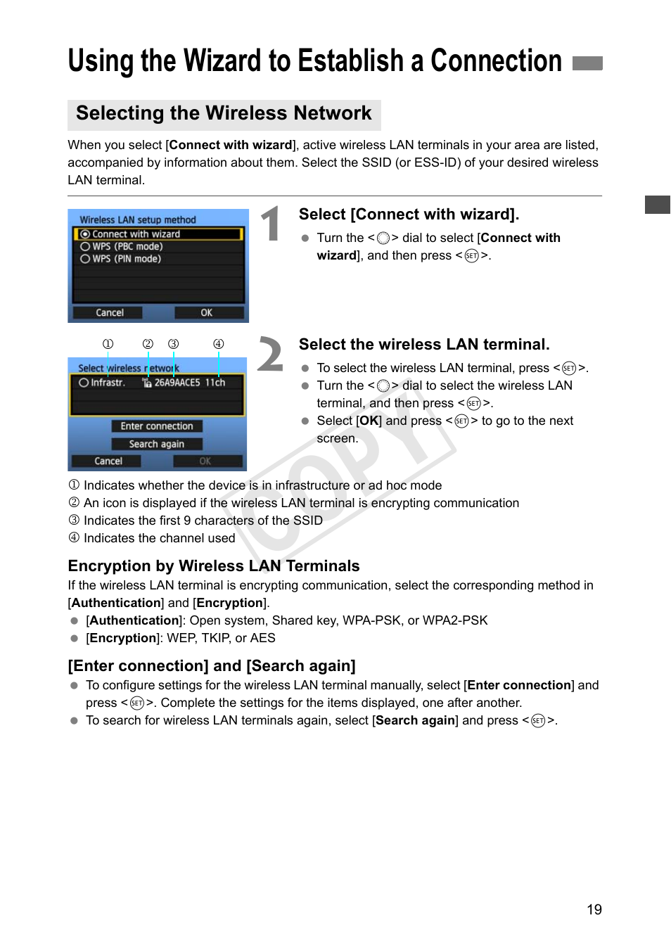 Using the wizard to establish a connection, Selecting the wireless network, E p.19 | Cop y | Canon Wireless Transmitter WFT-E6A User Manual | Page 19 / 126
