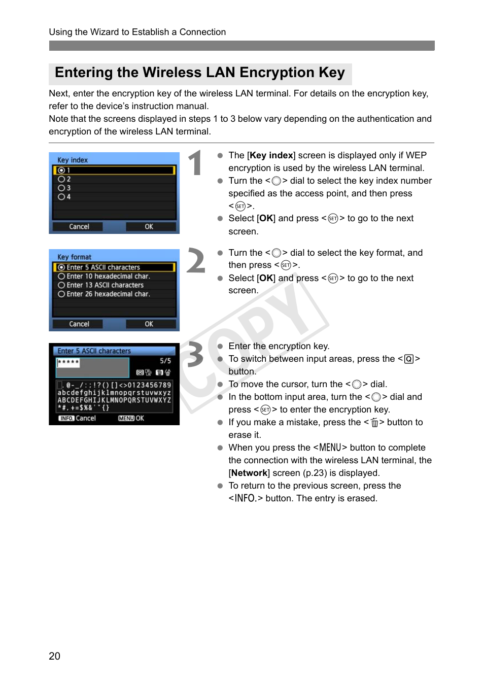 Entering the wireless lan encryption key, Cop y | Canon Wireless Transmitter WFT-E6A User Manual | Page 20 / 126