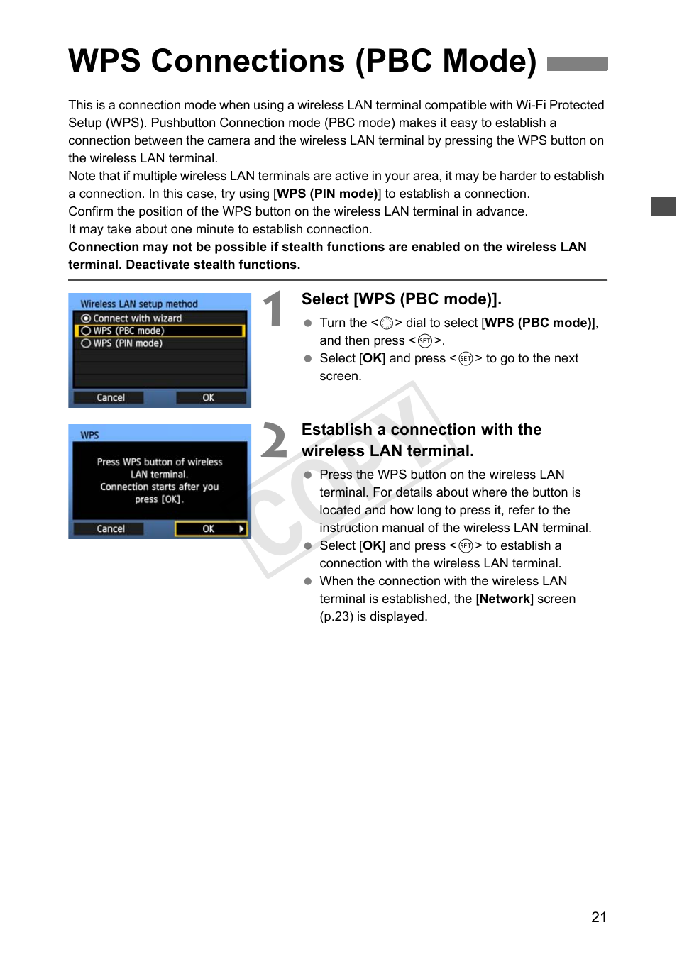 Wps connections (pbc mode), Cop y | Canon Wireless Transmitter WFT-E6A User Manual | Page 21 / 126