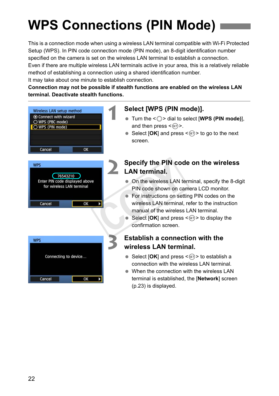 Wps connections (pin mode), See p.22, Cop y | Canon Wireless Transmitter WFT-E6A User Manual | Page 22 / 126