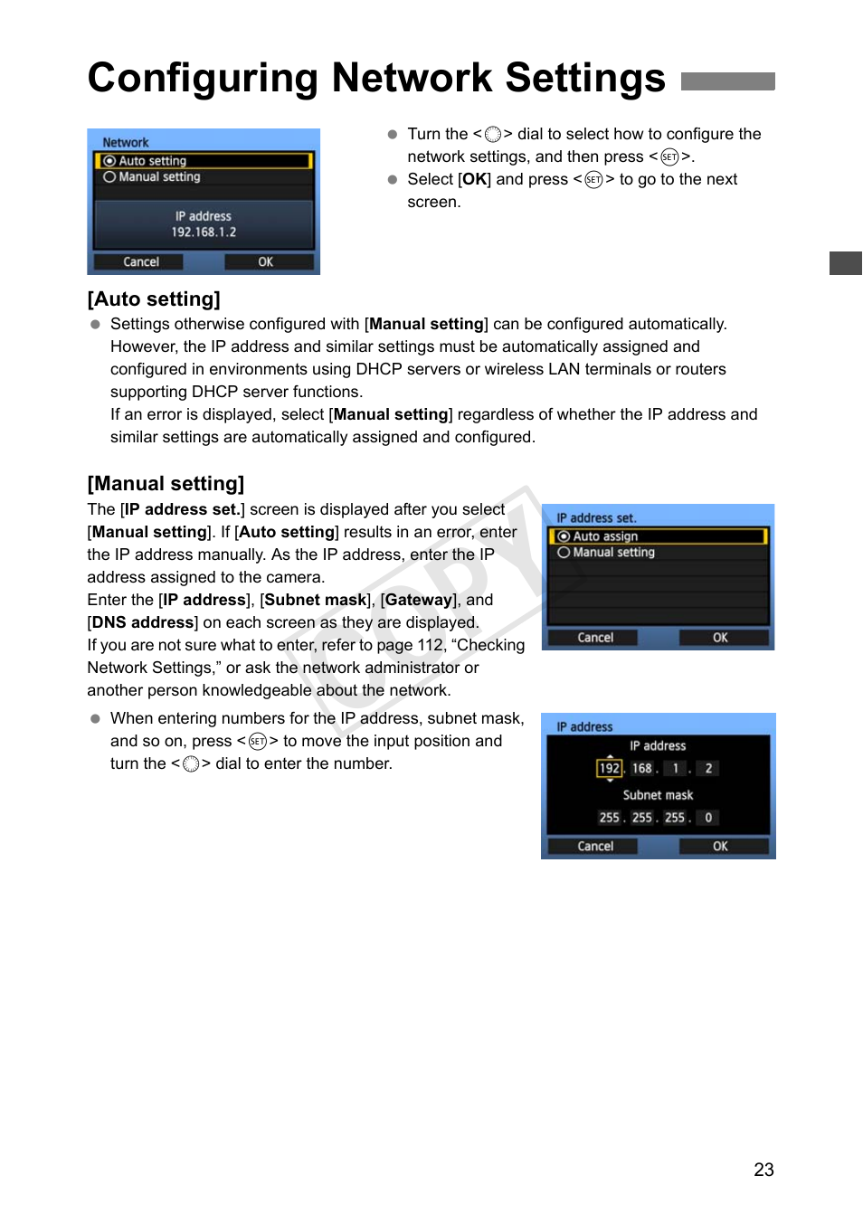 Configuring network settings, C op y | Canon Wireless Transmitter WFT-E6A User Manual | Page 23 / 126